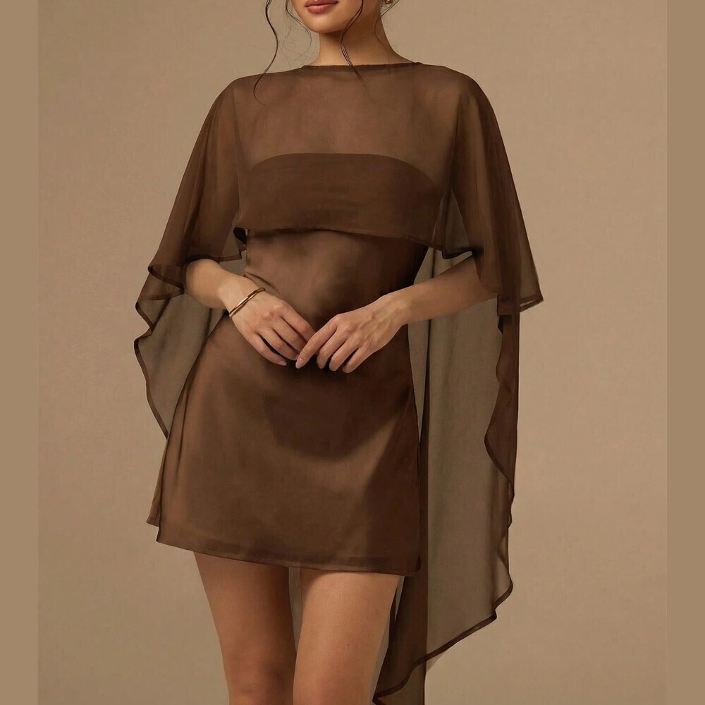 Brown Sheer Chiffon Mini Dress with Draped Cape Sleeve - Picture 5 of 7